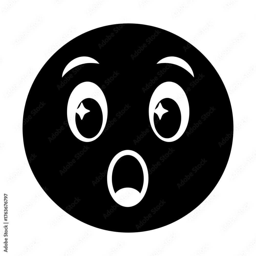 Fototapeta premium Black and White Shocked Emoji Face Icon with Wide Open Mouth