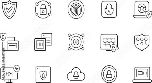 Essential cybersecurity icons for online protection, data encryption, and network safety, ensuring trust and compliance in the digital world with vector precision