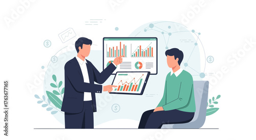 Business Analyst Presenting Financial Data Metrics and Statistics to a Colleague