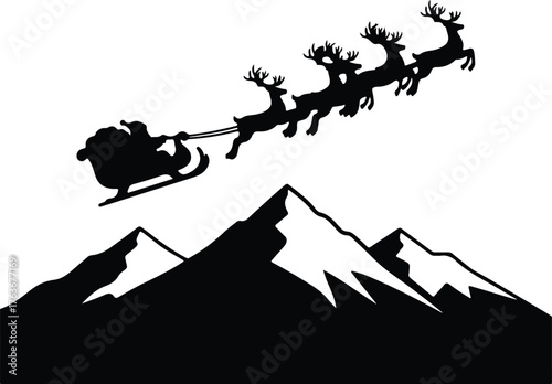 Vector Santa sleigh flying over mountains silhouette illustration