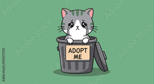 Sad cartoon cat in a trash can with an "Adopt Me" sign, begging for a home.