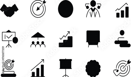 Strategic business line icons illustrating teamwork, vision, global partnership, and success for modern company growth and achievement, originally a vector graphic