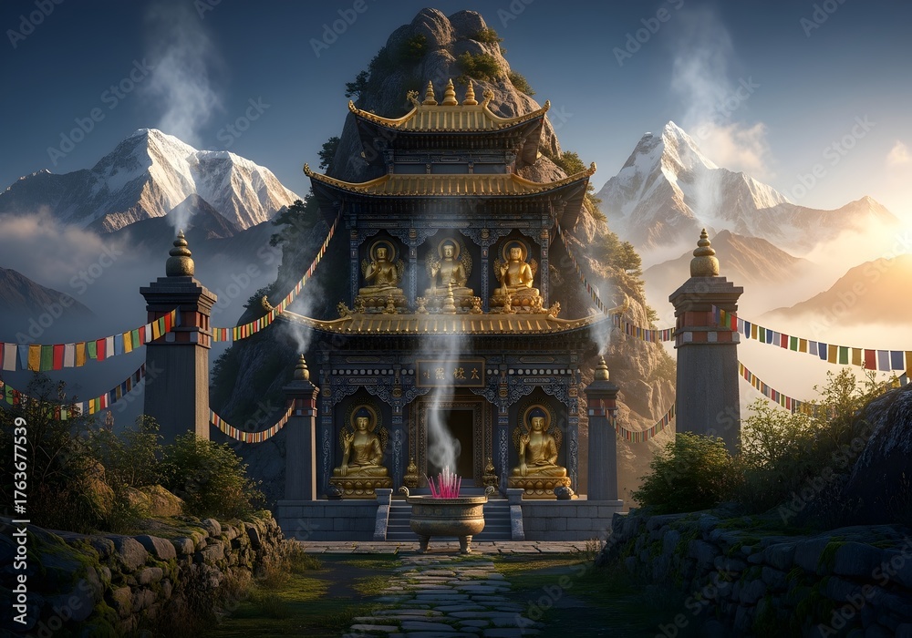 Fototapeta premium A grand Buddhist temple stands solemnly amidst towering, mist-shrouded mountains, adorned with golden statues and colorful prayer flags, exuding spiritual tranquility and ancient majesty