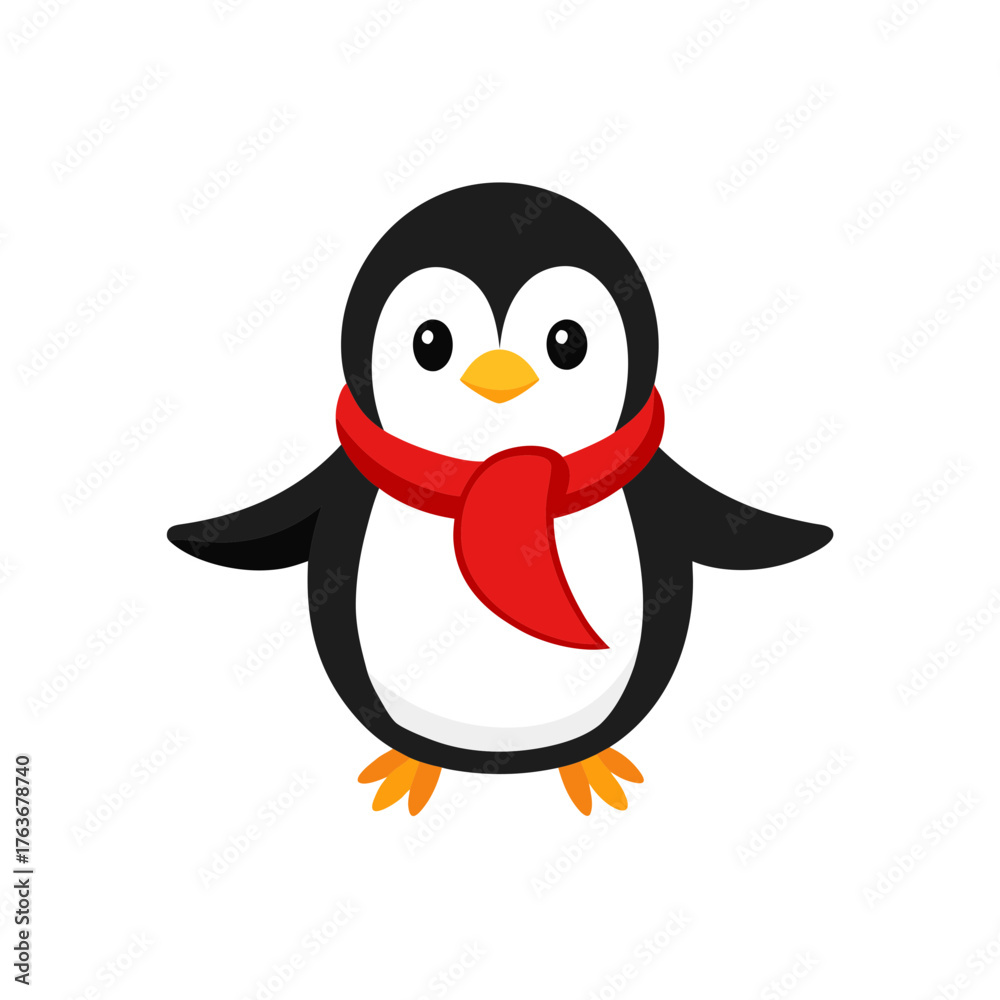 Fototapeta premium Cute cartoon penguin wearing red scarf vector illustration