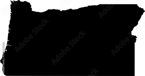 Black silhouette vector map of Oregon state boundary, presented as a solid color political template of the Pacific Northwest US state.