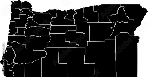 Vector political map of Oregon state outline with all internal county borders, filled with a solid black color, presented as a map of the Pacific Northwest US state.