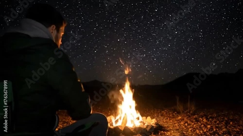 Camper by the Bonfire Under Starry Sky Radiating Human Warmth and Night Serenity