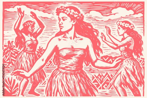 Three beautiful Polynesian women with flower leis perform a traditional hula dance. Vintage vector illustration in a classic woodcut or linocut style.