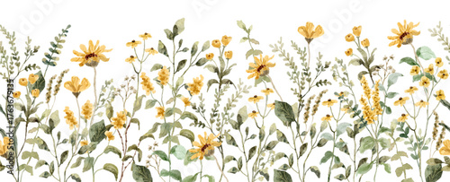 yellow wildflower watercolor seamless border