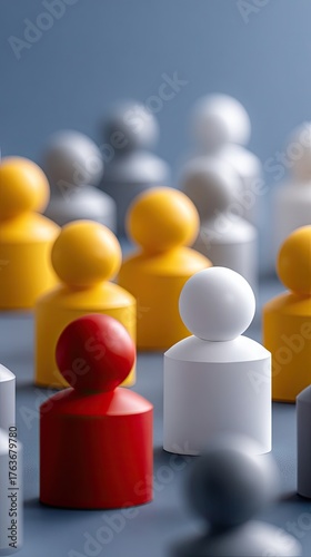 Colorful wooden figures in a close arrangement creating a vibrant display of community and collaboration in an artistic setting