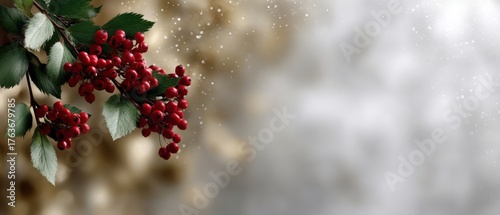 Red holly berries and green leaves in the foreground, golden background with blurred snowflakes, in banner format, with copy space.