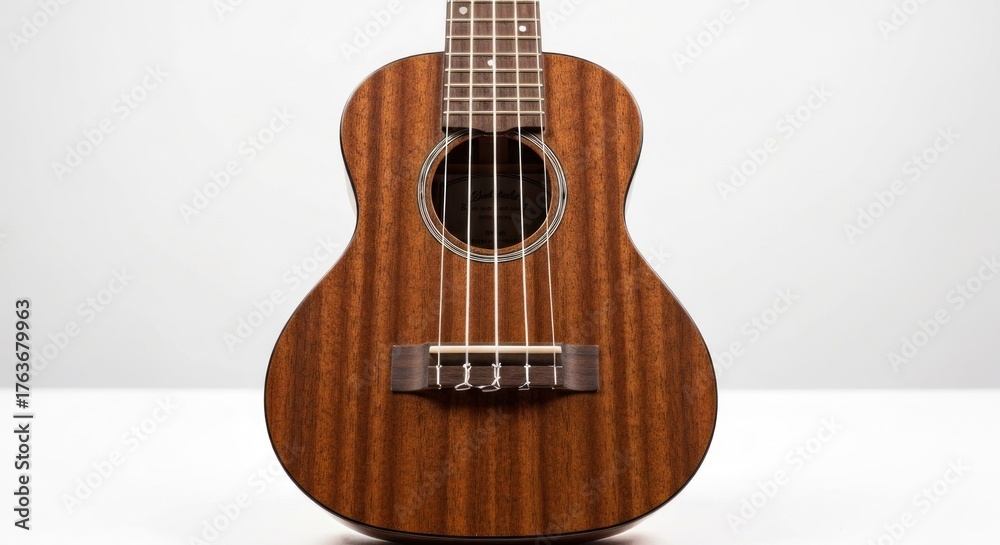 Obraz premium Brown ukulele on a white background, facing forward, natural lighting