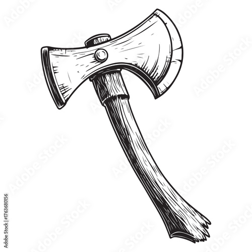 Vintage double-headed axe with rustic wooden handle displayed against a neutral background 
