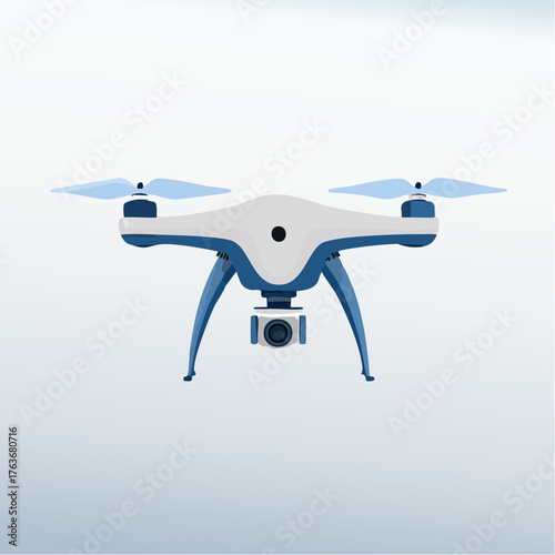 A white and blue drone with a camera attached flies against a gradient background transitioning from white to light blue.