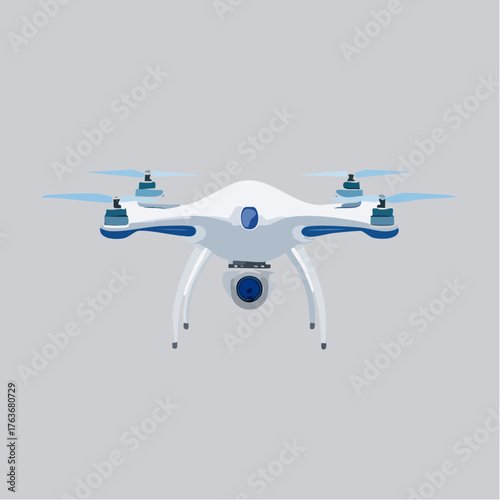 A white and blue drone with propellers is shown flying against a light gray background with a central blue accent.
