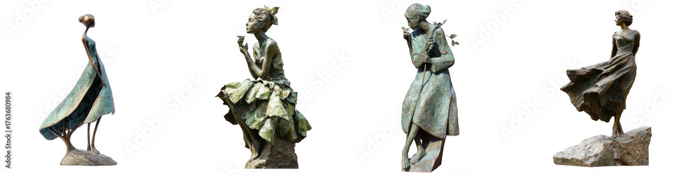 Fototapeta premium elegant bronze sculptures depicting graceful female figures on transparent background