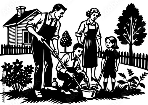 American Family Gardening Together in Their Backyard — Outdoor Activity and Healthy Lifestyle