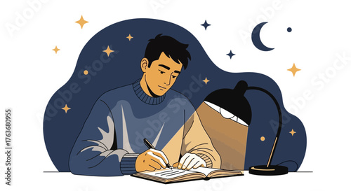 A Person Concentrating While Writing In A Journal At Night With A Desk Lamp