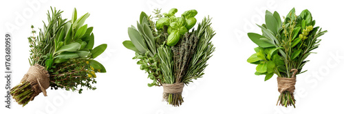 Three bunches of fresh green herbs tied with twine isolated on a transparent background 