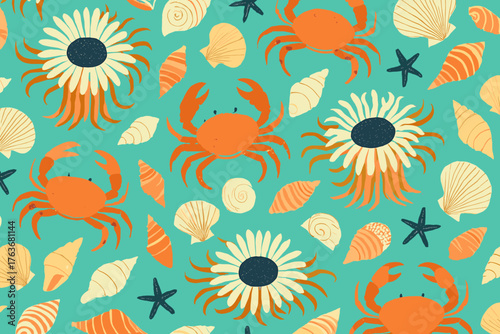 Vibrant ocean-themed pattern with crabs, shells, and sea anemones