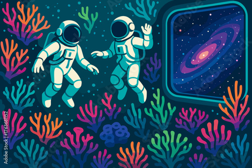 Astronauts floating in space with colorful coral-like shapes
