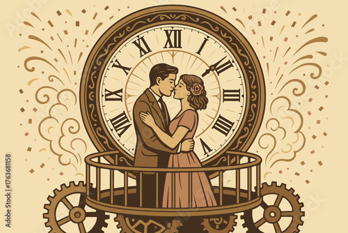Vintage couple kissing at midnight in front of a large clock