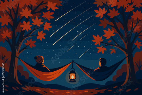 Couple in hammocks watching meteor shower under autumn trees