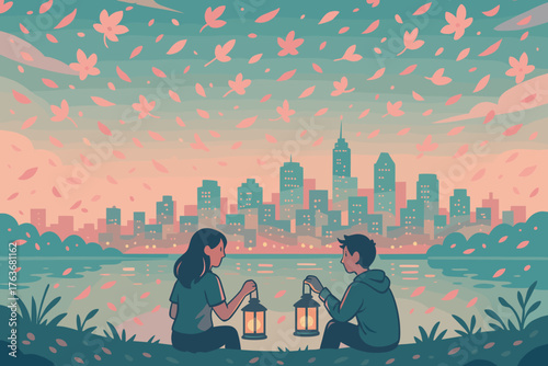 Couple with lanterns by riverside at sunset with city skyline