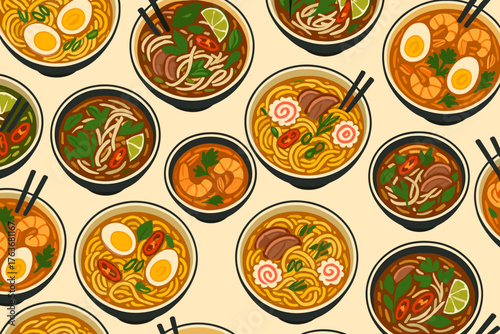Seamless pattern of colorful noodle soup bowls with ramen, pho, and laksa