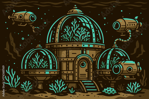 Futuristic underwater base with submarines and coral domes