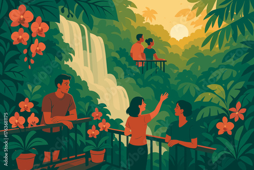 Tourists enjoying sunset view at tropical jungle waterfall