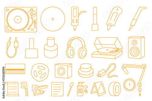 Vinyl Record Player and Audio Equipment Icons in Neon Outline Style