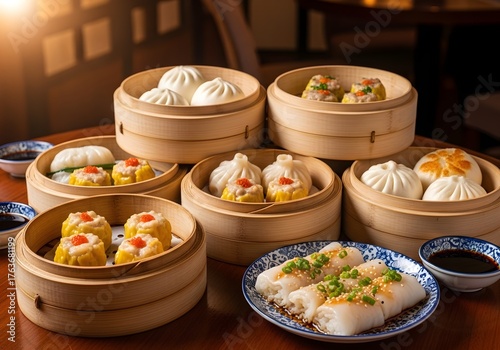 An inviting spread of traditional Chinese dim sum, featuring various steamed dumplings in bamboo baskets and rice rolls, ready to be savored