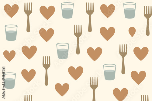 Seamless pattern of hearts, forks, and water glasses on cream background
