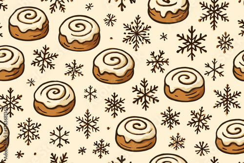 Seamless winter pattern of cinnamon rolls and snowflakes