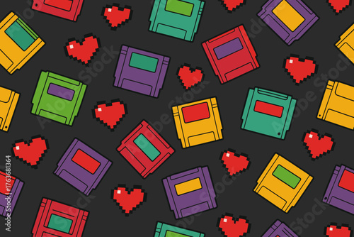 Seamless retro pattern with colorful floppy disks and pixel hearts