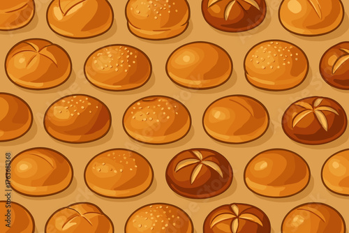Seamless pattern of assorted bread rolls and buns