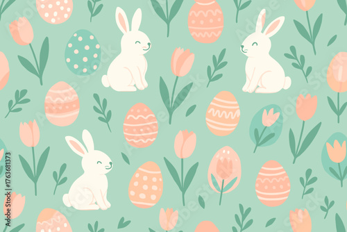 Seamless pastel Easter pattern with bunnies, eggs, and tulips