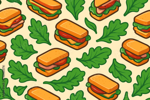 Seamless cartoon sandwich and arugula leaf pattern