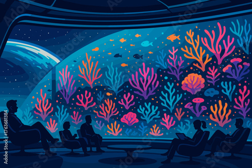 Futuristic space lounge with vibrant alien coral reef view