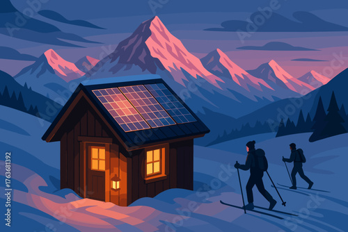 Cozy solar-powered mountain cabin at dusk with skiers in snowy landscape