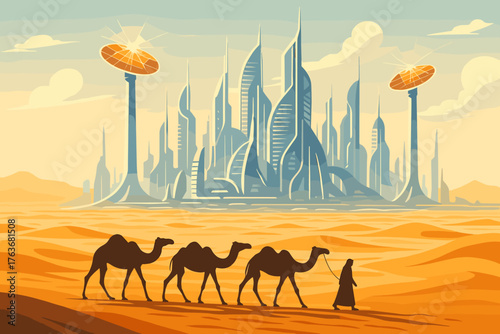 Futuristic Desert City with Solar Towers and Camel Caravan – Sci-Fi Illustration of Technology and Tradition