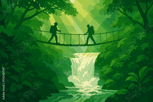 Hikers crossing jungle rope bridge above waterfall