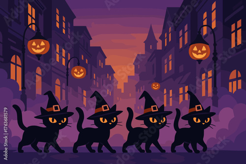 Halloween cats in witch hats walk through spooky town