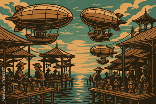 Steampunk airships over floating market at sunset