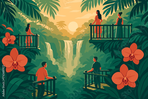 Tourists viewing tropical waterfall from jungle balconies at sunset