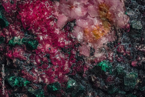 Macro photo crystals. Dioptase mineral: (cobaltocalcite pink; heterogenite black spherulites) copper silicate, DR Congo. Microphotography- 3.7X zoom magnification
