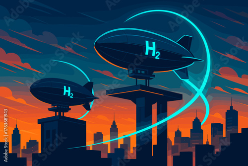 Hydrogen airships launching over futuristic city skyline