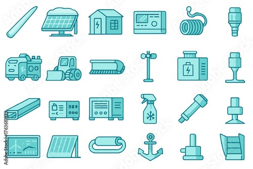 Renewable energy infrastructure and marine equipment icon set