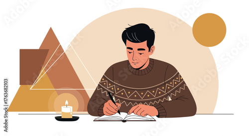 Creative Writing Moment: A Person Composes Ideas By Candlelight With Artistic Elements
